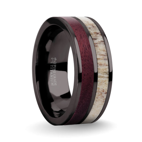 Titanium Men's Ring with Red Heart Wood and Antler Inlays Custom Made |  Revolution Jewelry